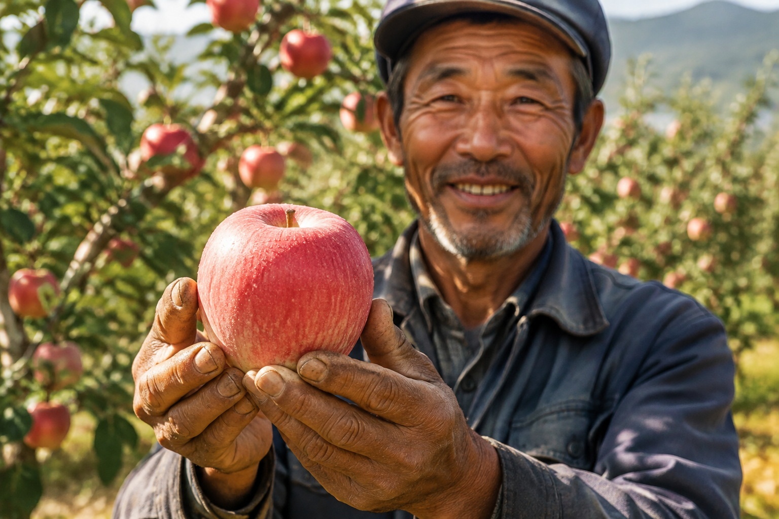 Farmer holding a Tianshui apple in his orchard