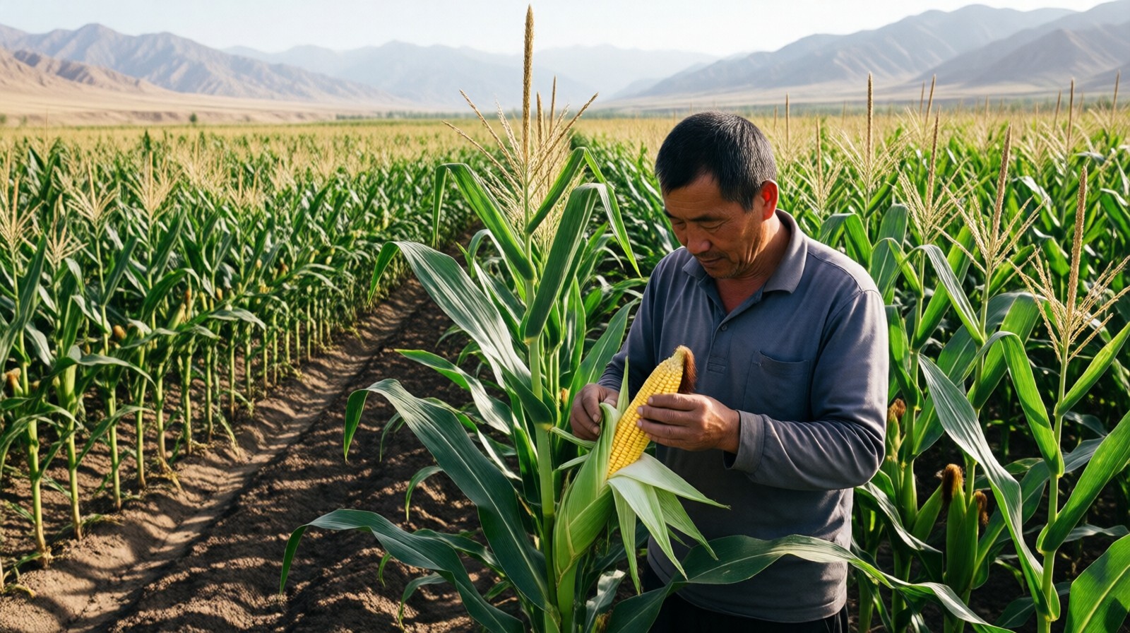 Farmer inspecting corn seed ears in a Gansu seed production field
