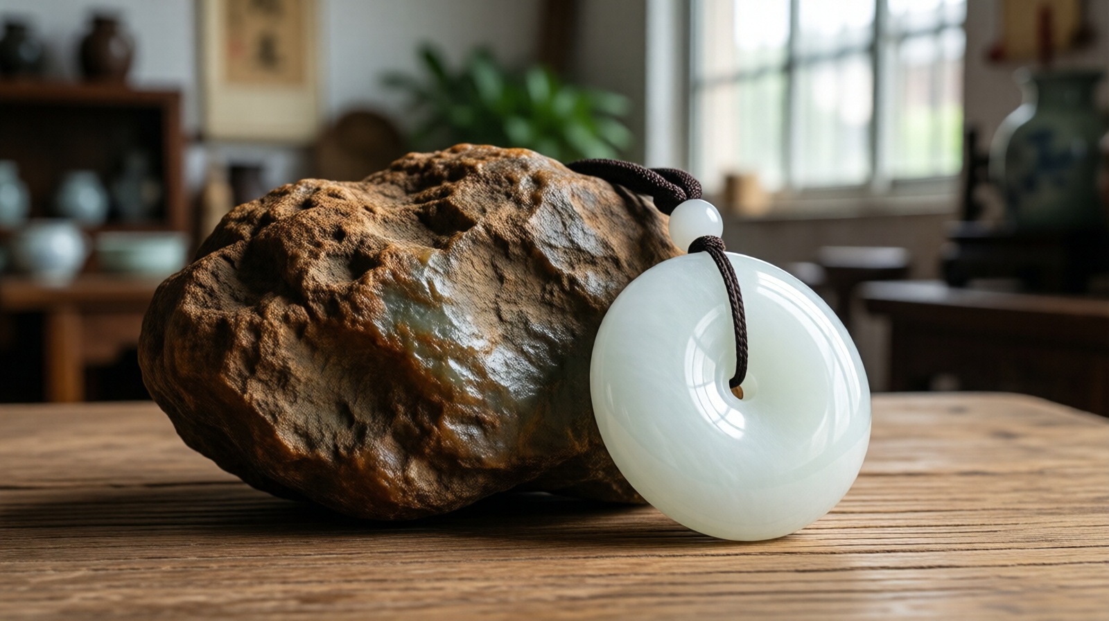 Rough uncut Hetian jade stone next to a polished white jade pendant, showing how a raw piece transforms into jewelry
