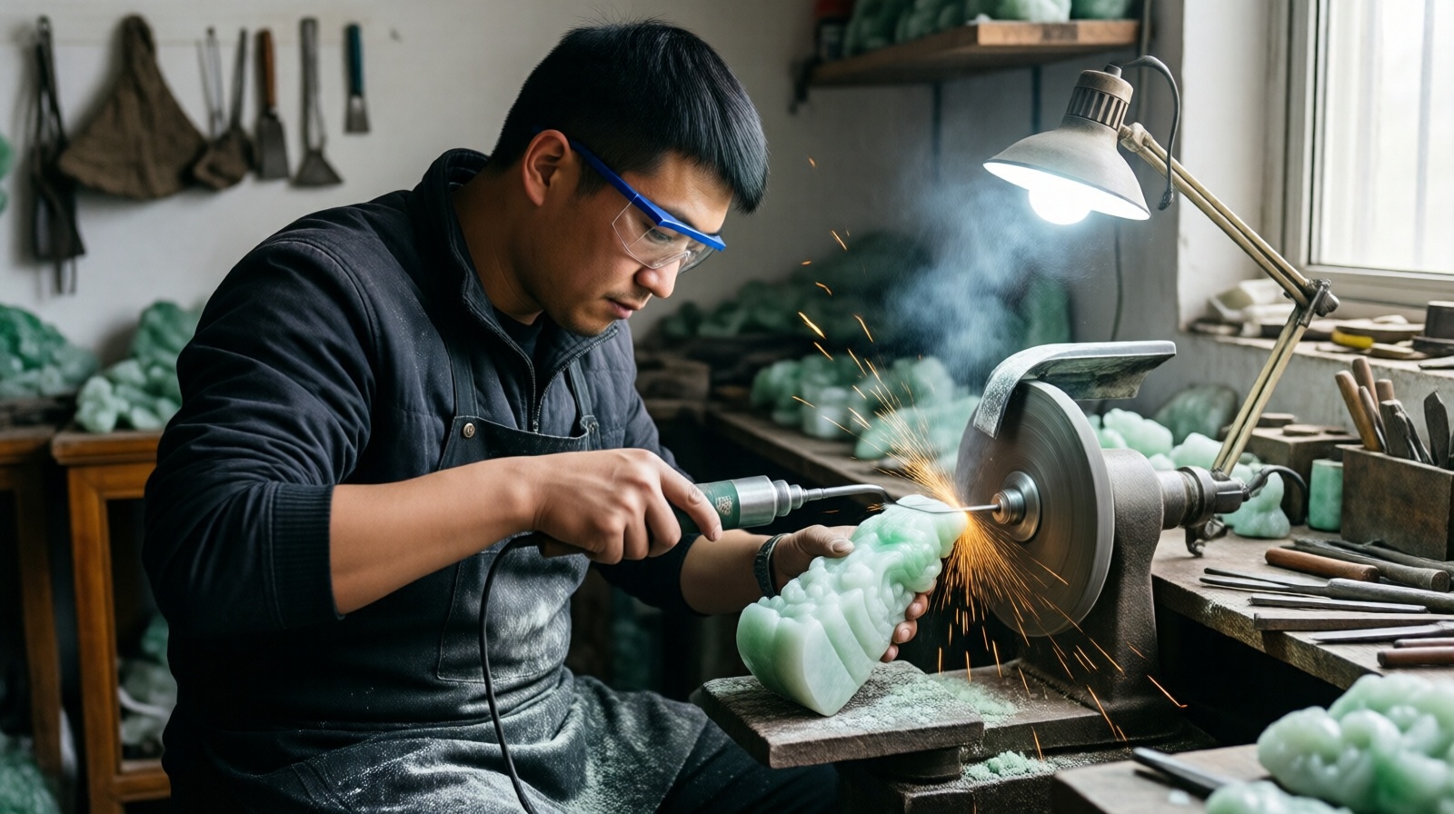 Jade carver in a small workshop shaping a Hetian jade piece with a water-cooled grinding tool