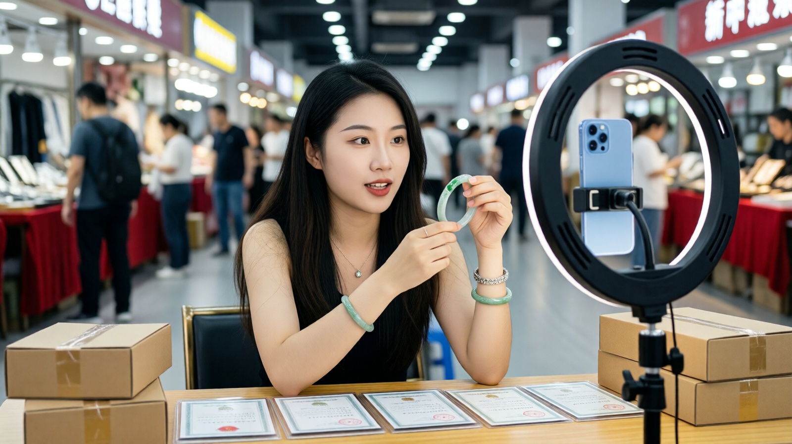 A live-stream seller presenting a Hetian jade bracelet to an online audience with a ring light and phone