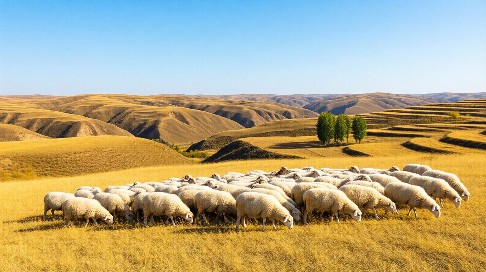 Sheep grazing on the Loess Plateau hills in Huanxian, Gansu