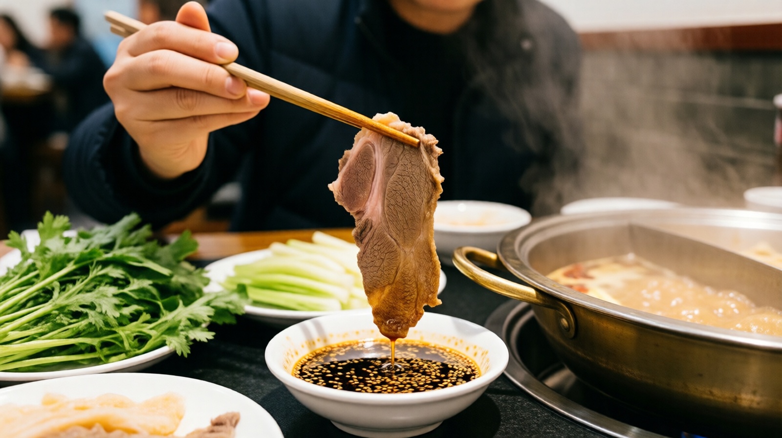 Person dipping a cooked piece of Huanxian lamb into sesame sauce at a hotpot table