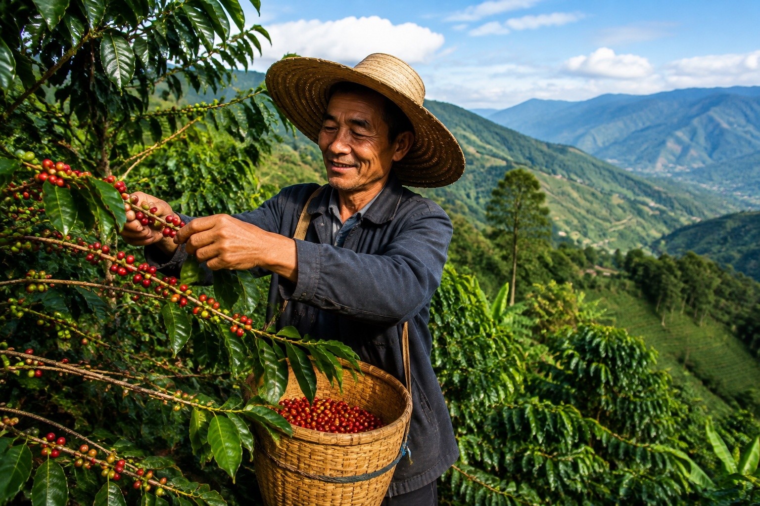 Coffee farmer picking ripe red coffee cherries at a Yunnan plantation
