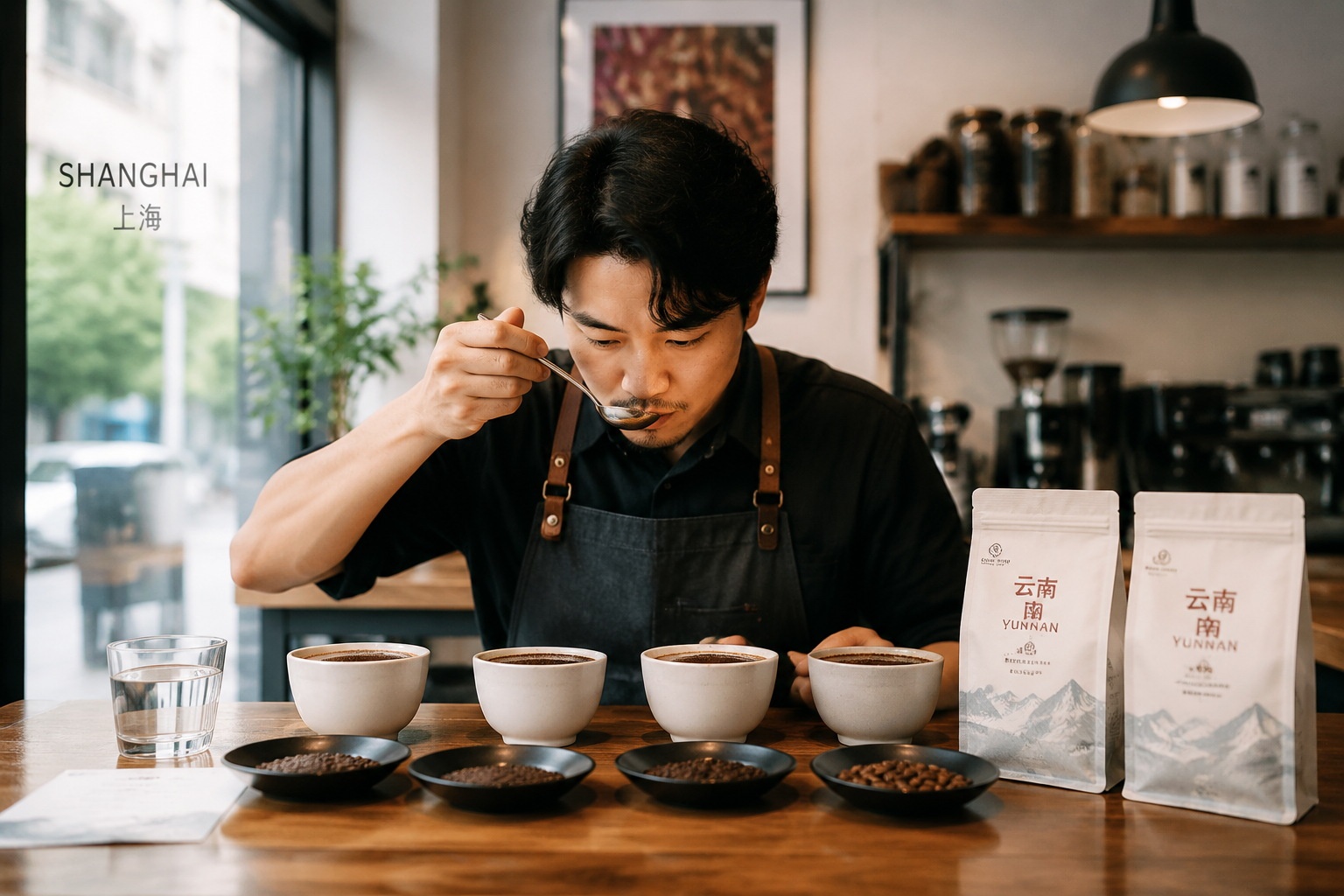 Barista cupping Yunnan specialty coffee in a Chinese cafe