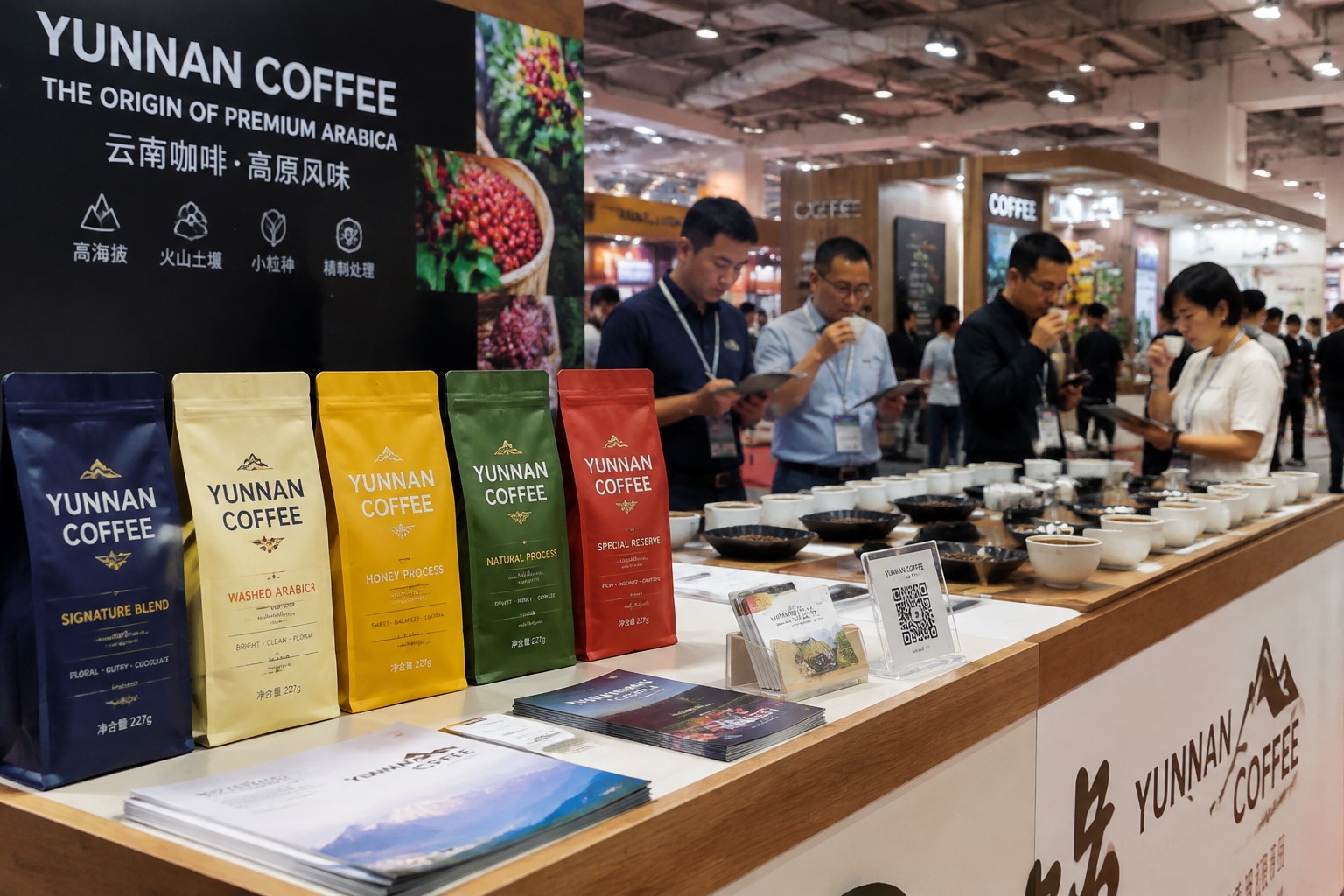 Yunnan coffee bags displayed at a trade fair with tasting samples