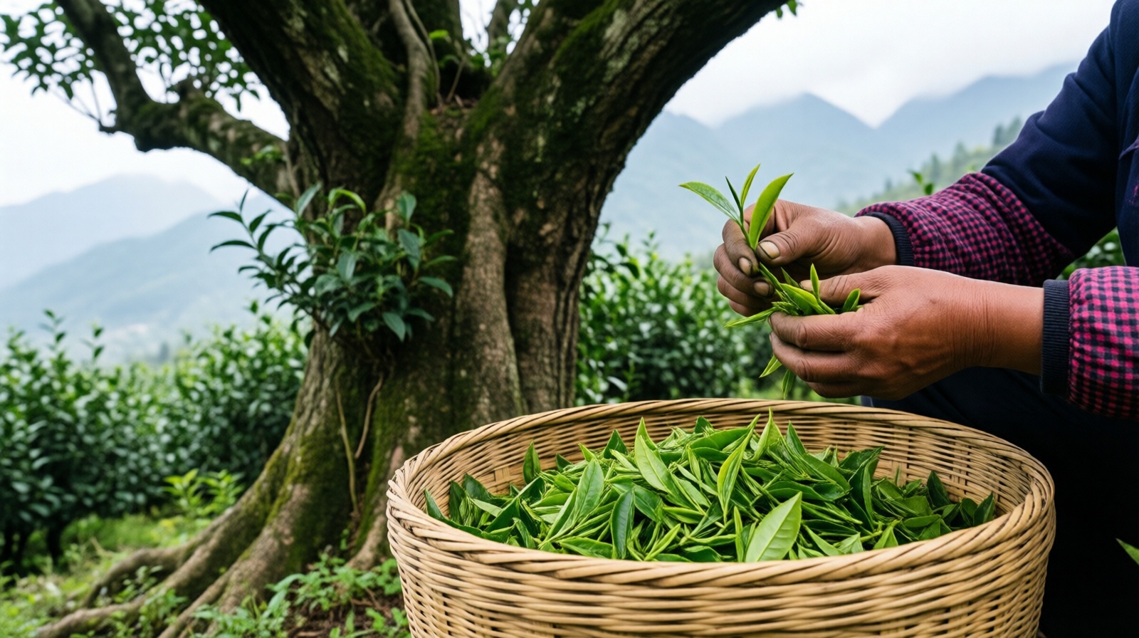 Yunnan tea farmer picking fresh Pu'er tea leaves from an ancient tree into a bamboo basket at sunrise