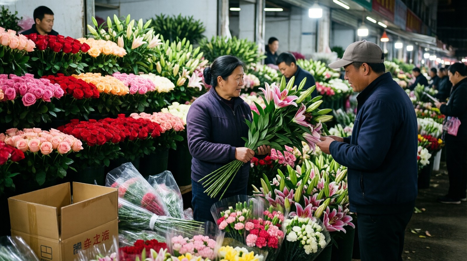 Vendors sell roses and lilies at a wholesale stall in Kunming's Dounan flower market.