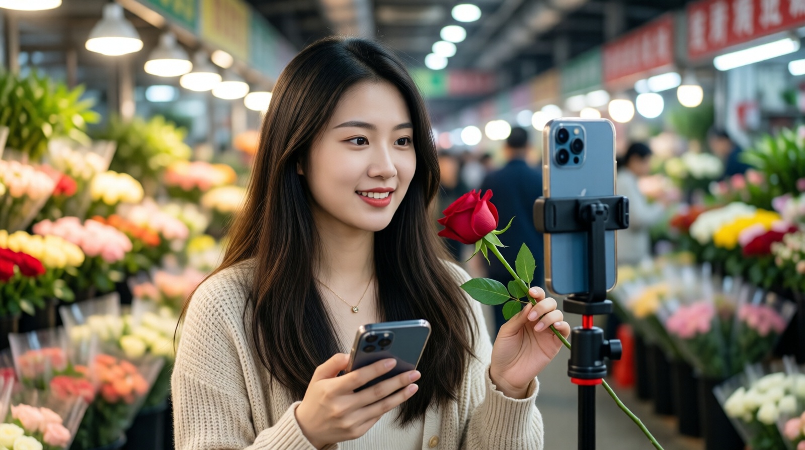 A young seller live-streams flower sales at the Dounan market in Kunming, China.