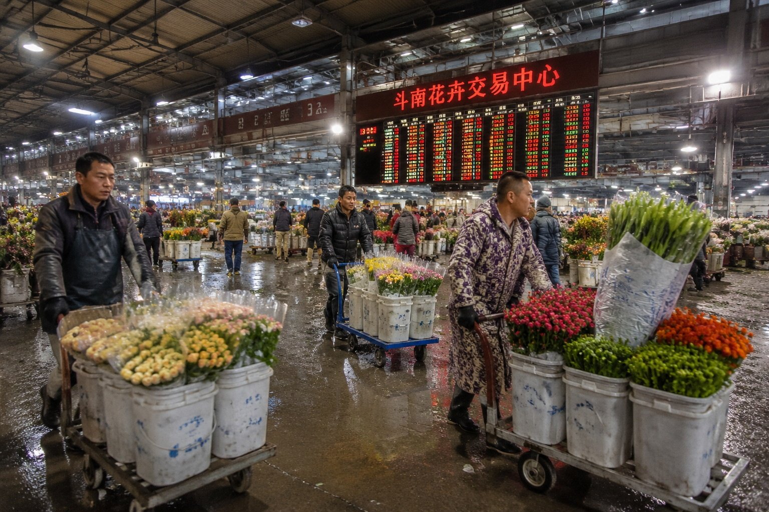 Workers push handcarts loaded with fresh flowers at the Dounan flower market in Kunming during early morning trading.