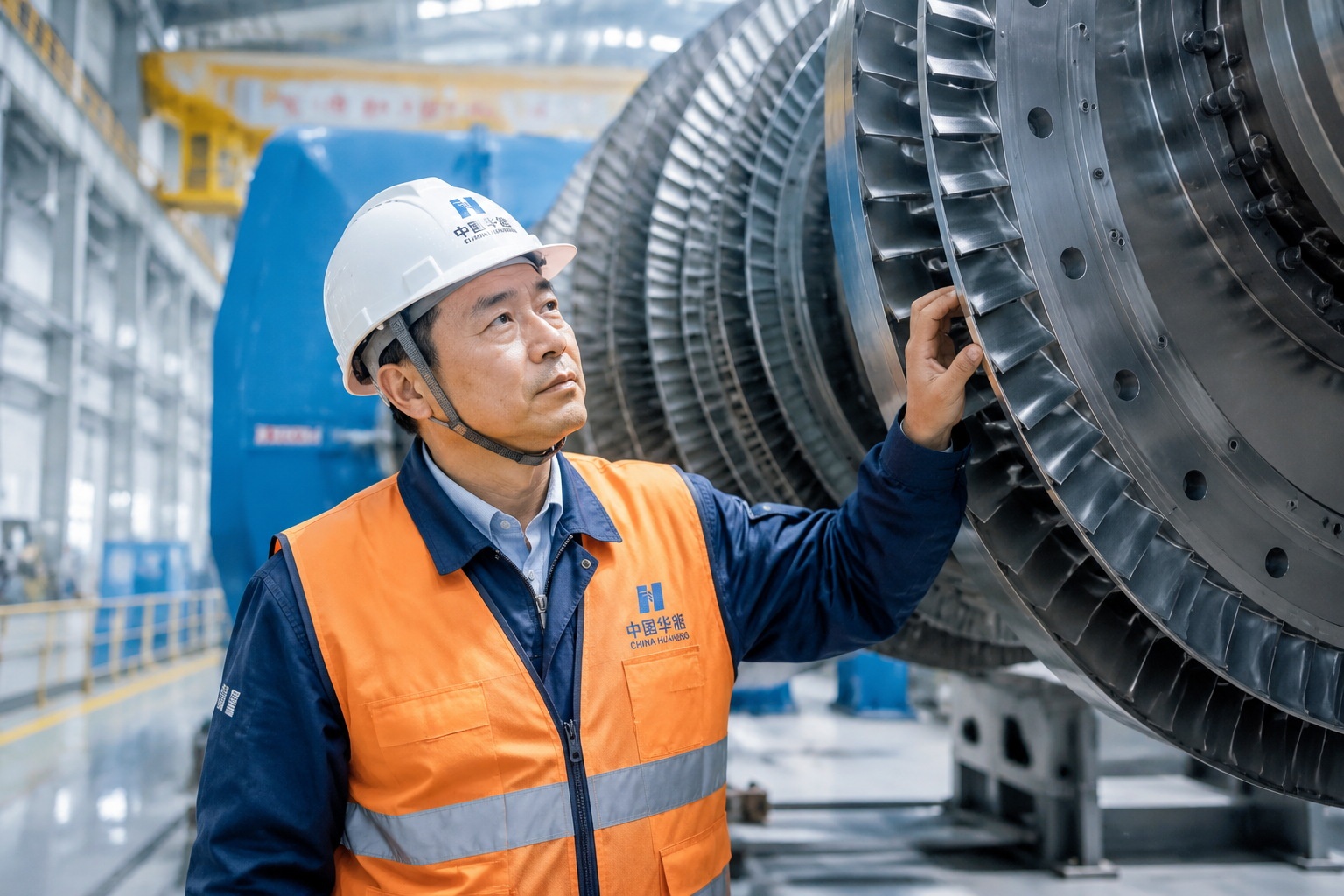 Chinese engineer inspecting the world's largest hydro turbine rotor at Baihetan Dam