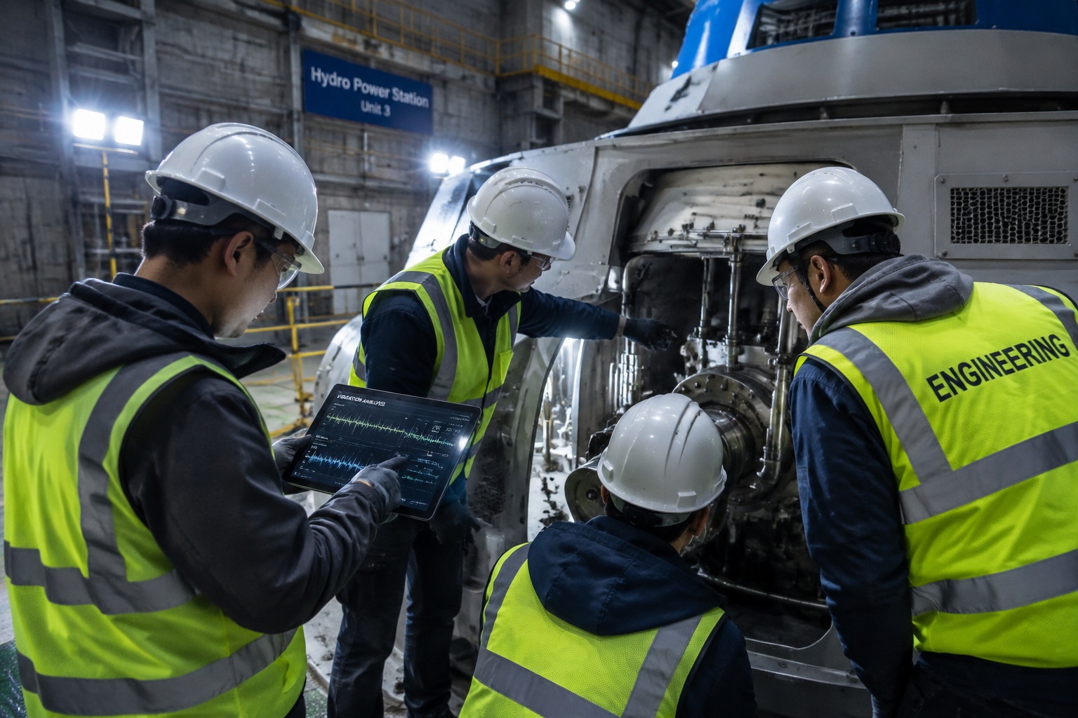 Engineers troubleshooting a turbine vibration issue with a tablet showing data at Baihetan Dam