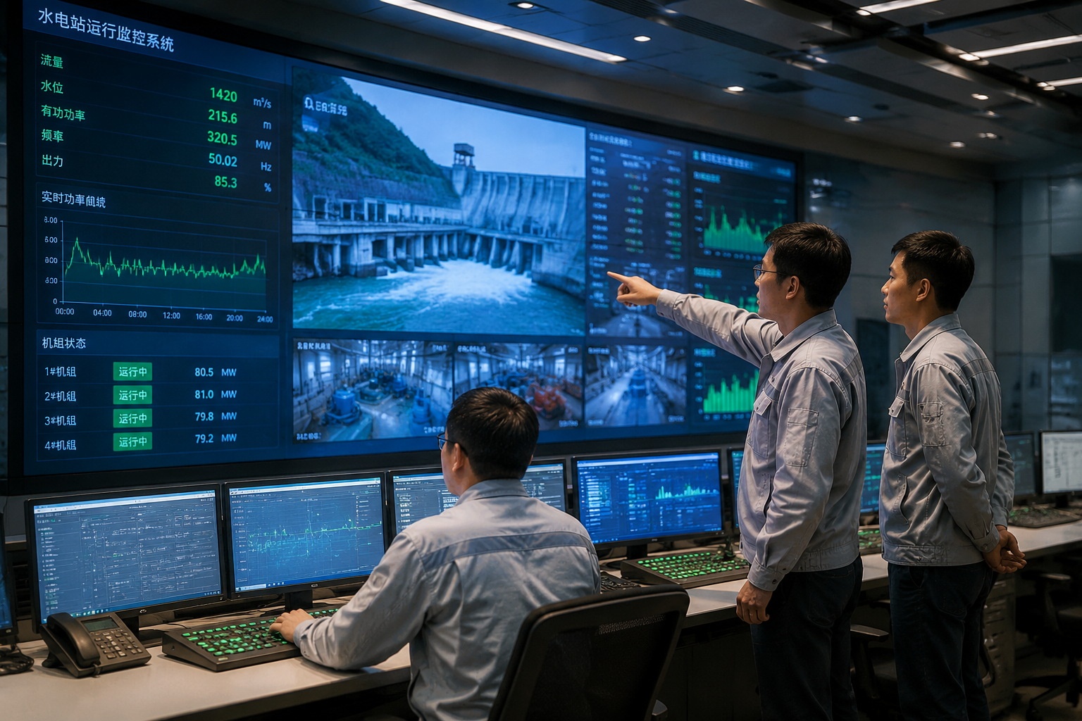 Engineers monitoring Baihetan Dam's 16 hydro turbines from the central control room