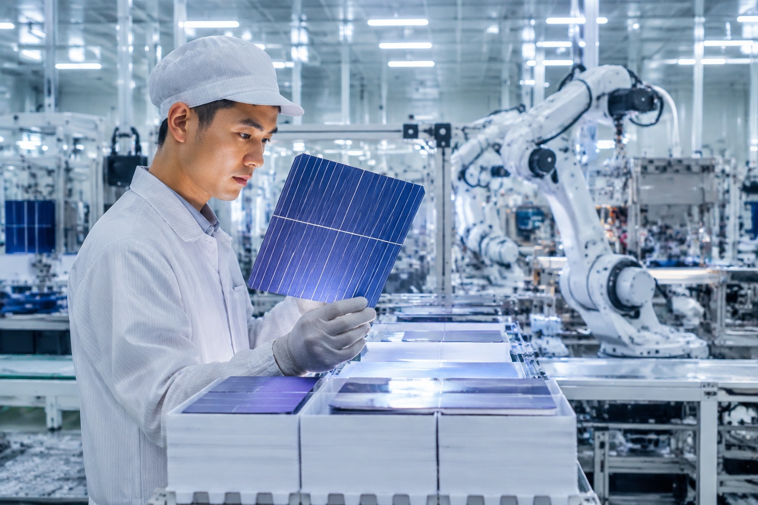 Worker in Yunnan solar cell factory inspecting silicon wafers
