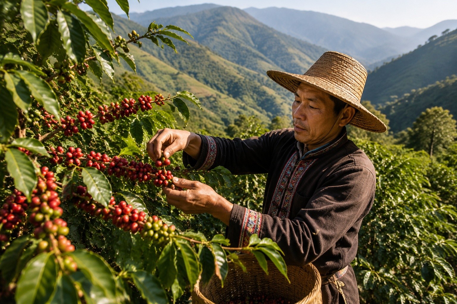 Coffee farmer harvesting cherries in Yunnan plantation