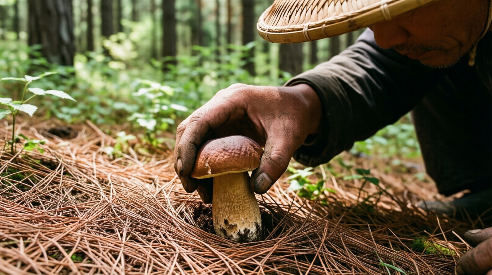 A Yunnan matsutake hunter carefully lifting a wild mushroom from the pine needle forest floor