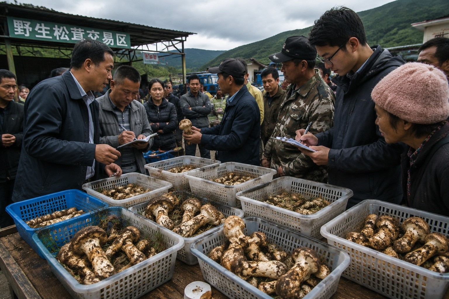 Matsutake mushrooms laid out in baskets at a rural Yunnan buyer's station with farmers and dealers negotiating