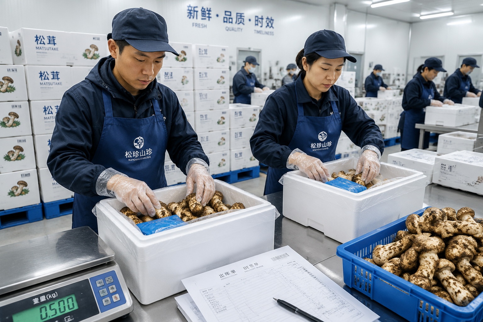 Workers packing fresh matsutake mushrooms into foam boxes with ice packs for overnight air shipment to Japan