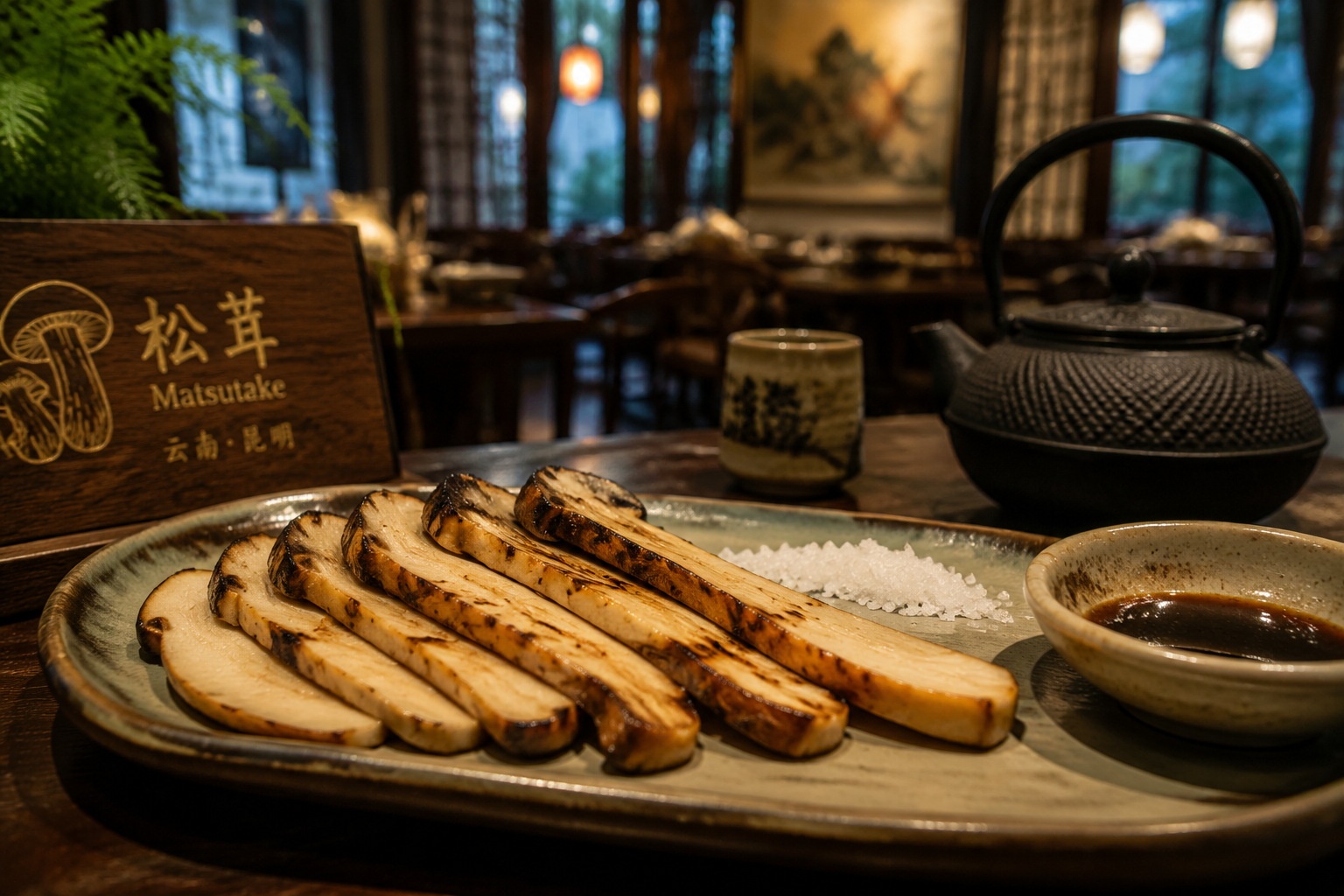 Grilled matsutake mushroom slices served on a ceramic plate at a restaurant in Yunnan, China