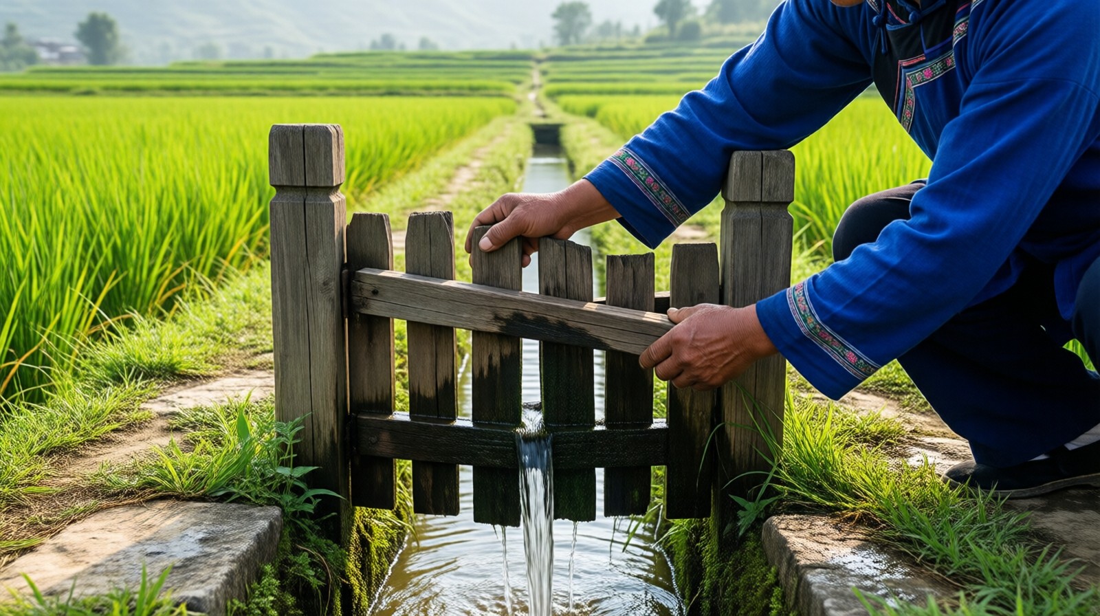 Hani farmer opening a wooden water gate to irrigate rice terraces