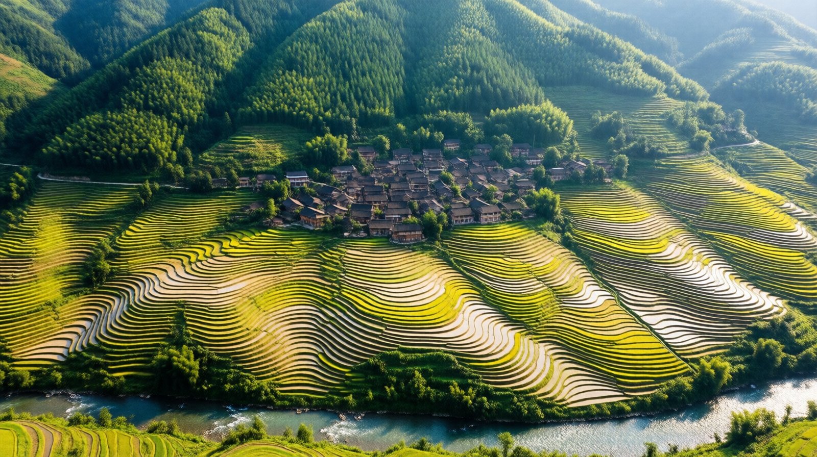 Vertical layout of forest, village, terraces and river at Hani Rice Terraces