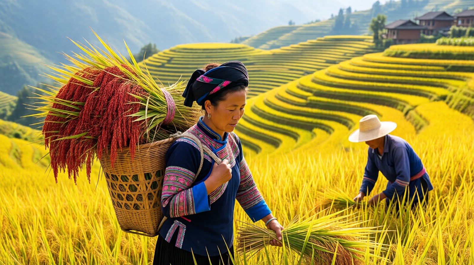 Hani woman harvesting red rice on terraced fields in Yunnan