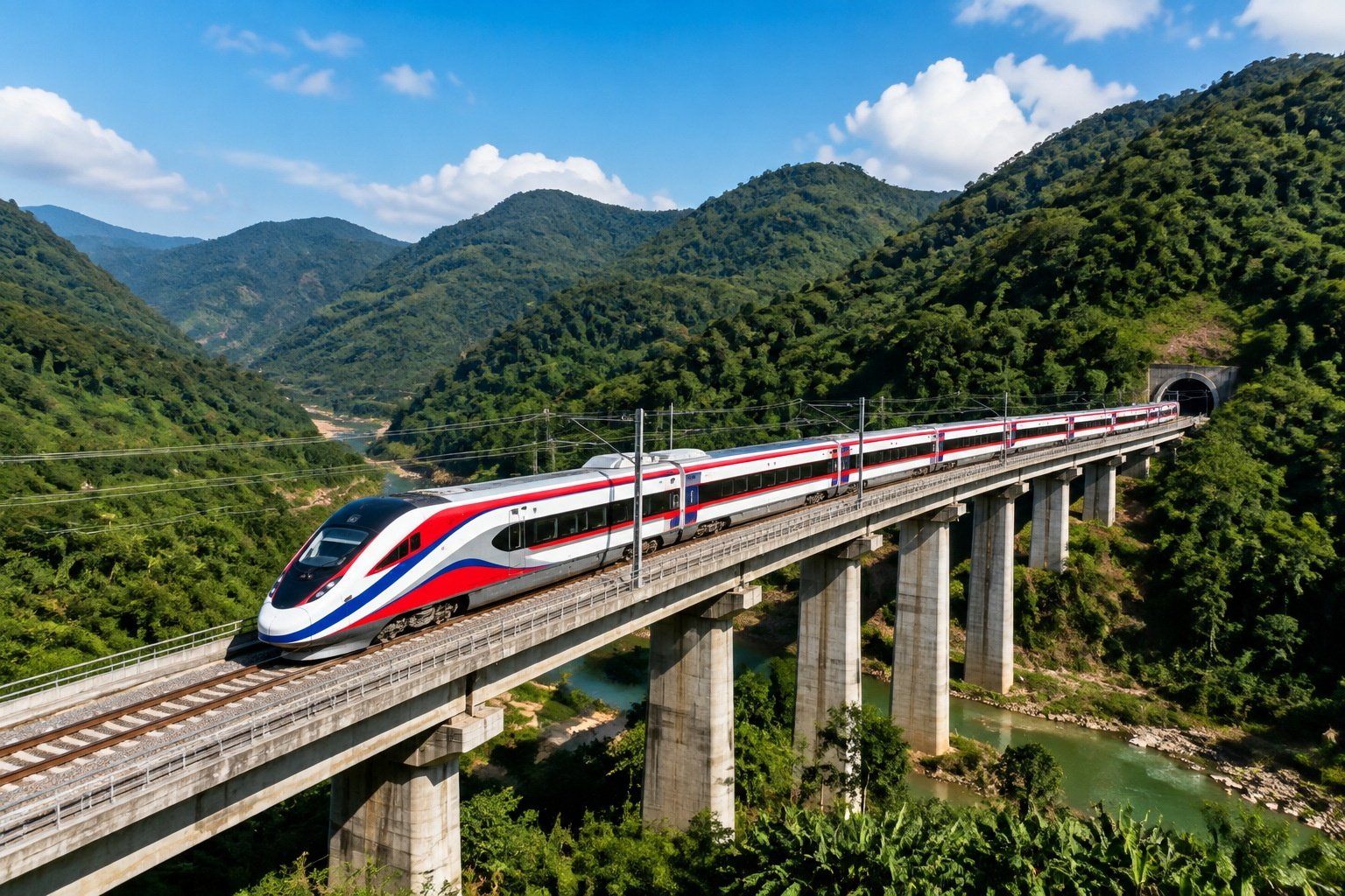 A China-Laos Railway passenger train crosses a lush green viaduct in Yunnan province, connecting China and Southeast Asia