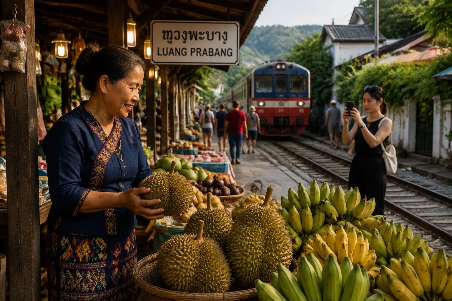 A market vendor in Luang Prabang, Laos, sells tropical fruits to a traveler near the China-Laos Railway station