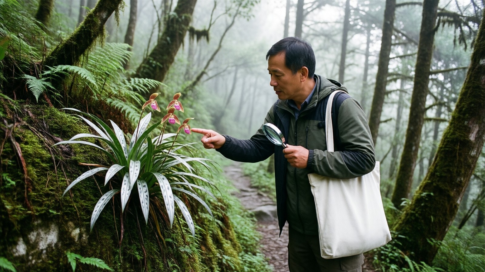 Botanist pointing at a wild orchid on a mossy rock in Yunnan forest