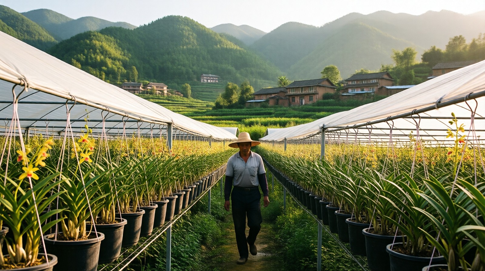 Farmer checking cultivated Dendrobium orchids in Yunnan