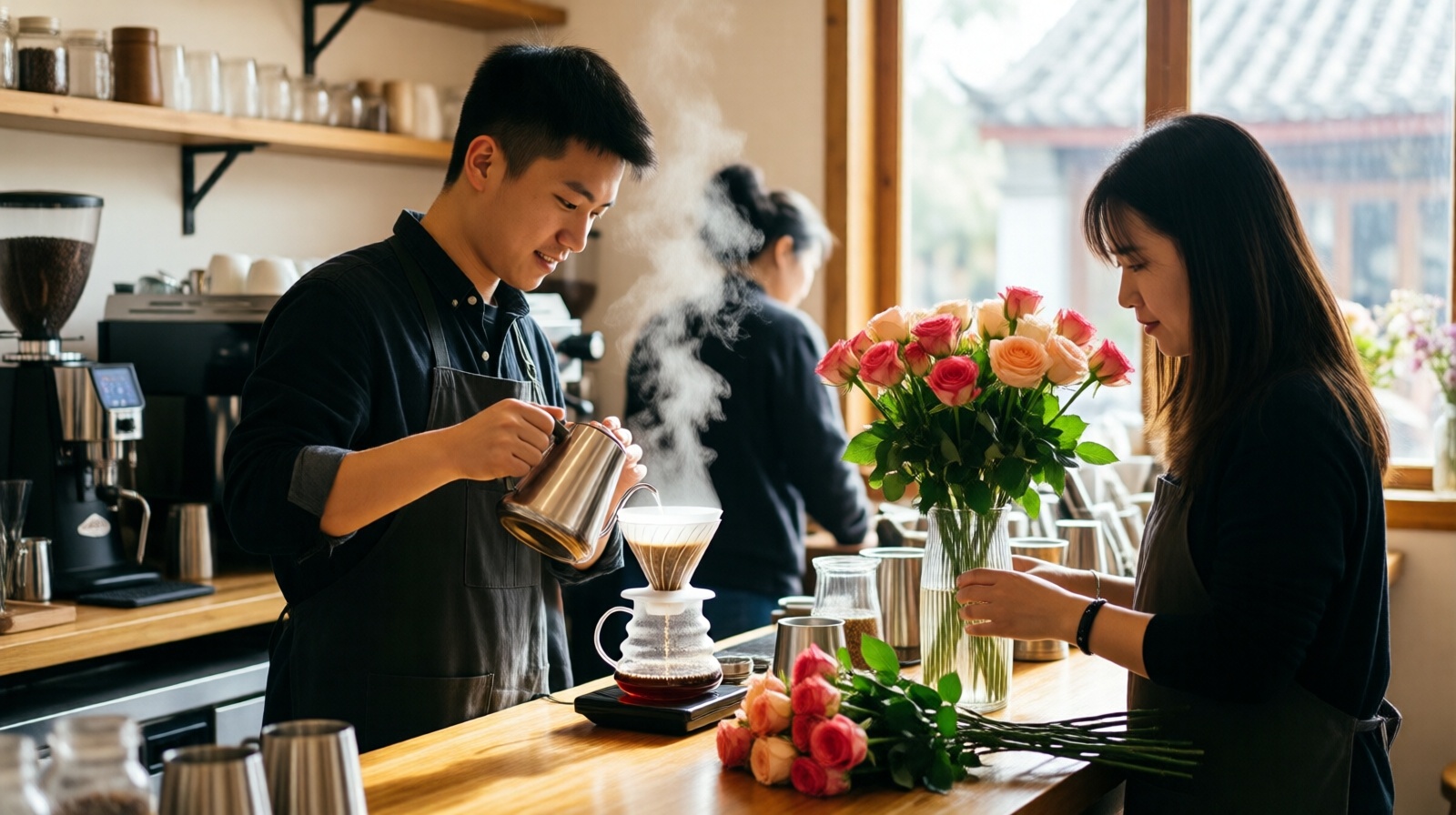 Young Yunnan entrepreneur brewing pour-over coffee next to fresh roses in a Kunming café