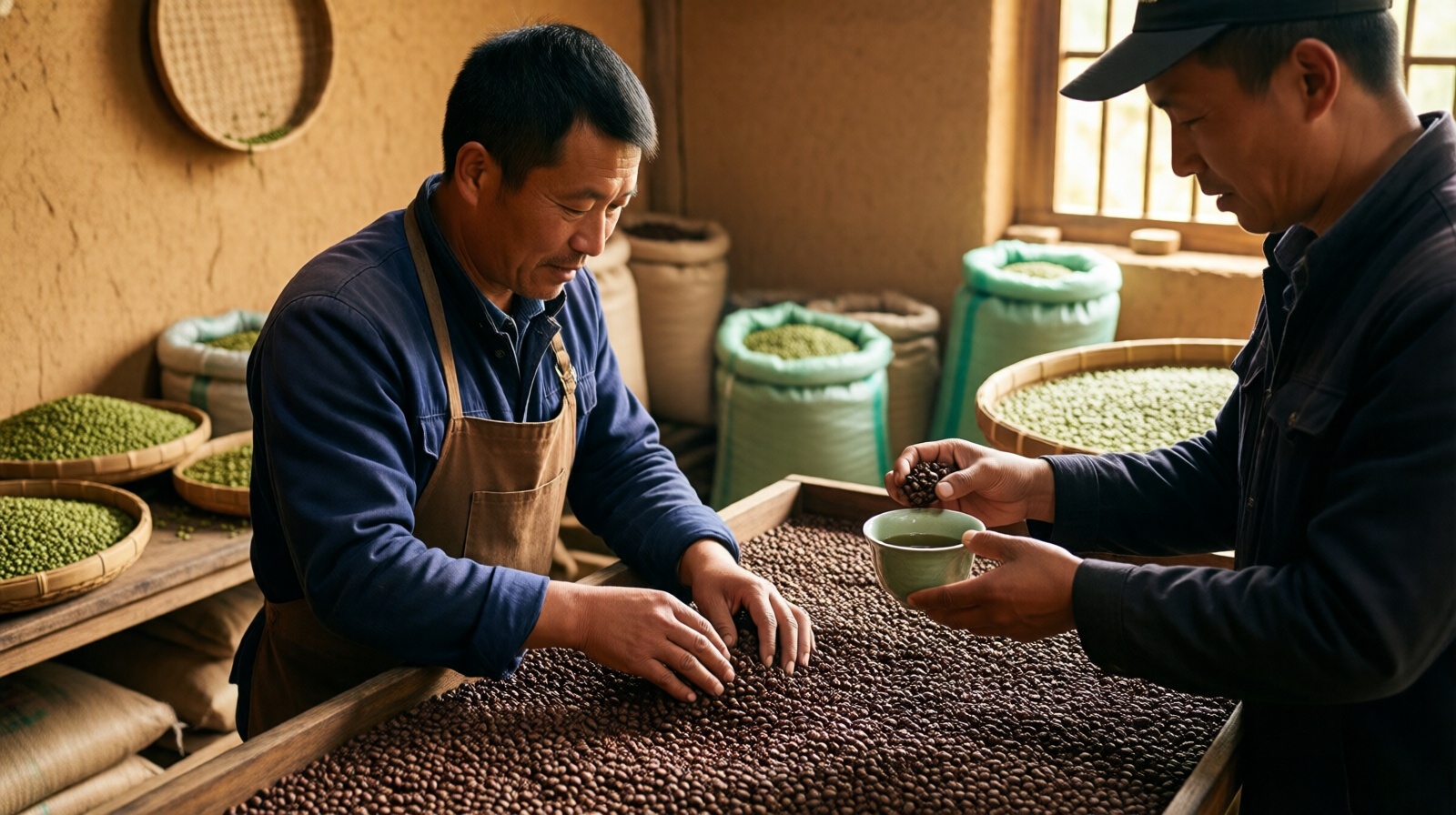 Coffee entrepreneur cupping sample beans with a farmer at a Yunnan micro-roastery