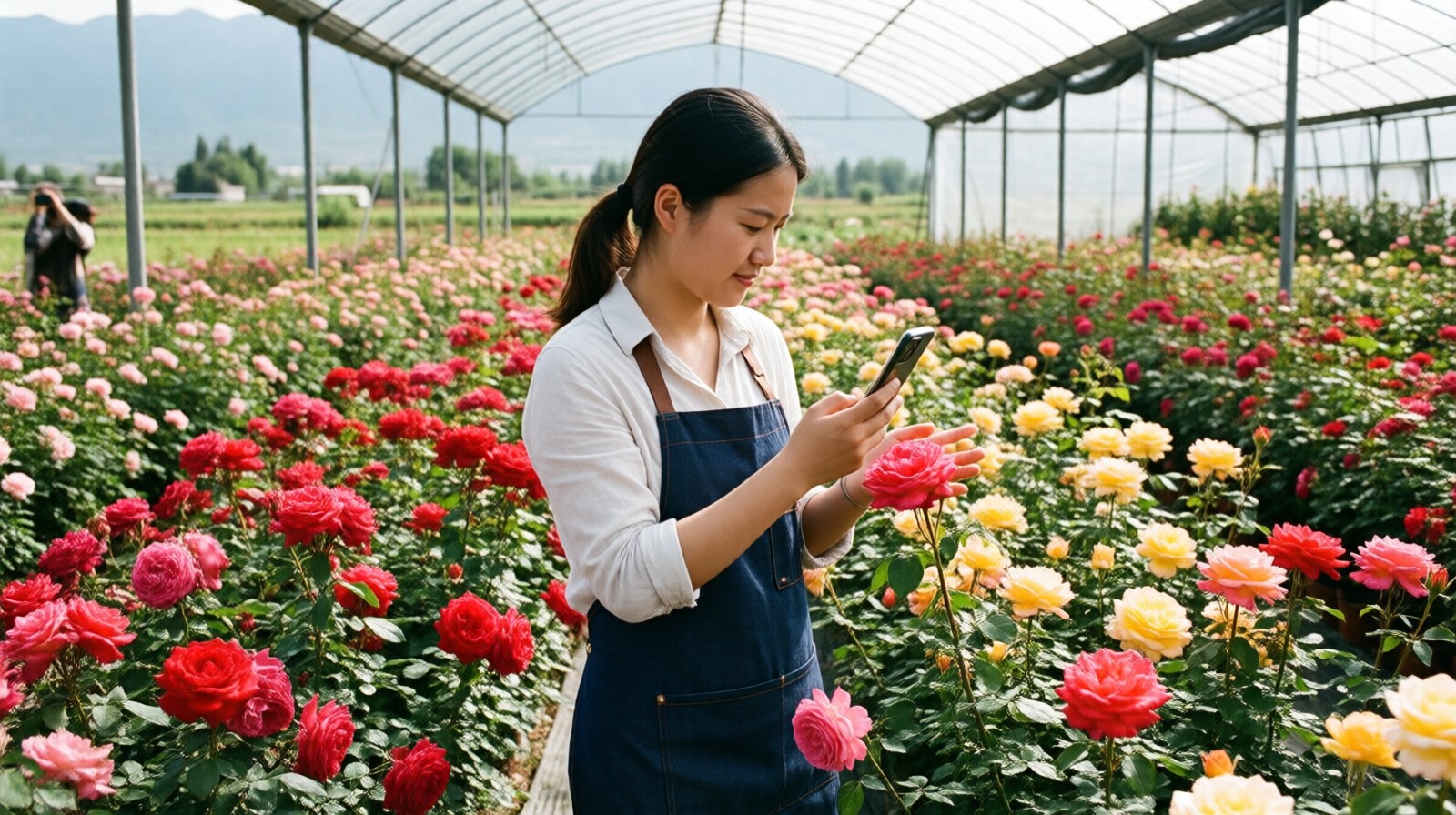 Woman entrepreneur inspecting multicolored roses in a Yunnan flower greenhouse