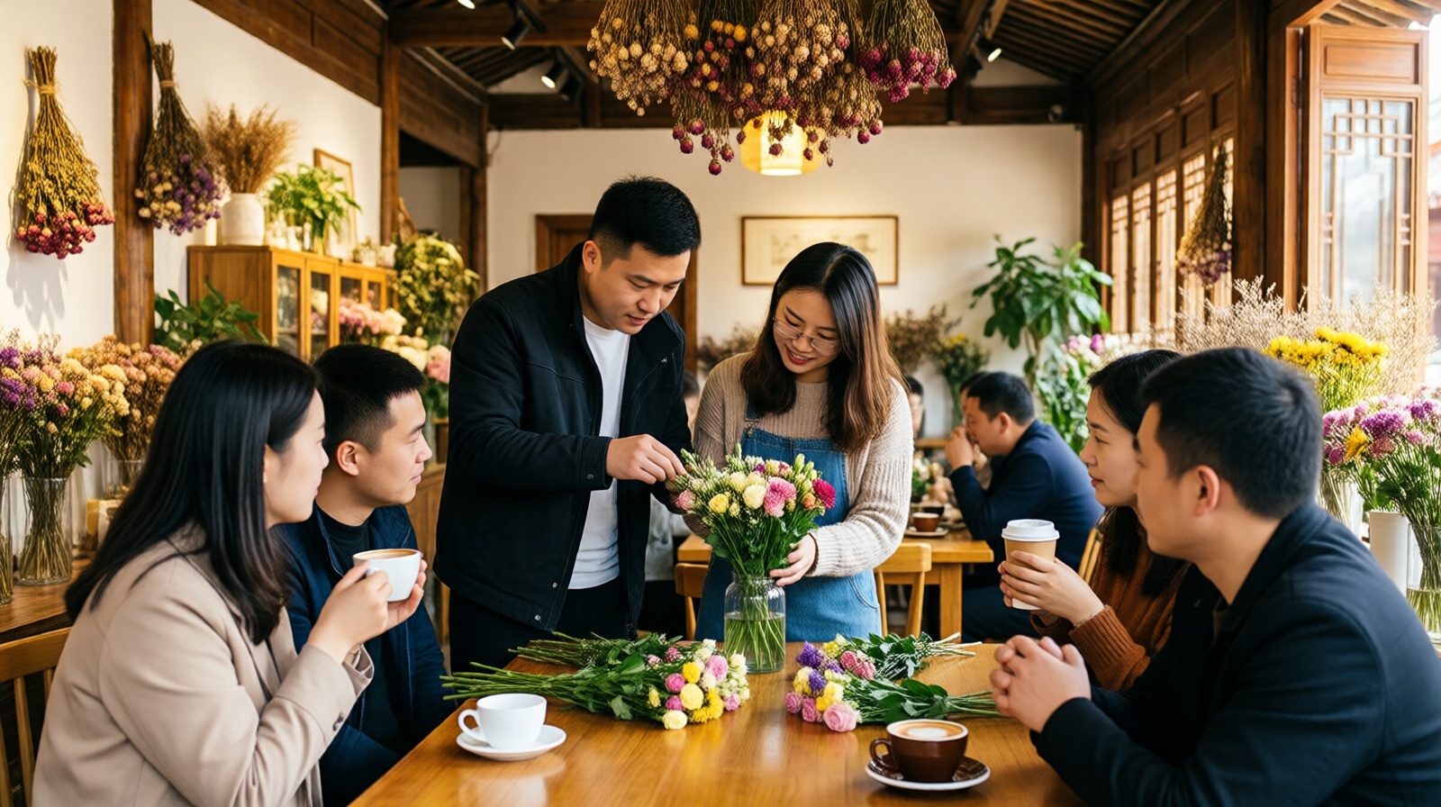 Young couple teaching a flower arranging class in a Dali café and flower studio