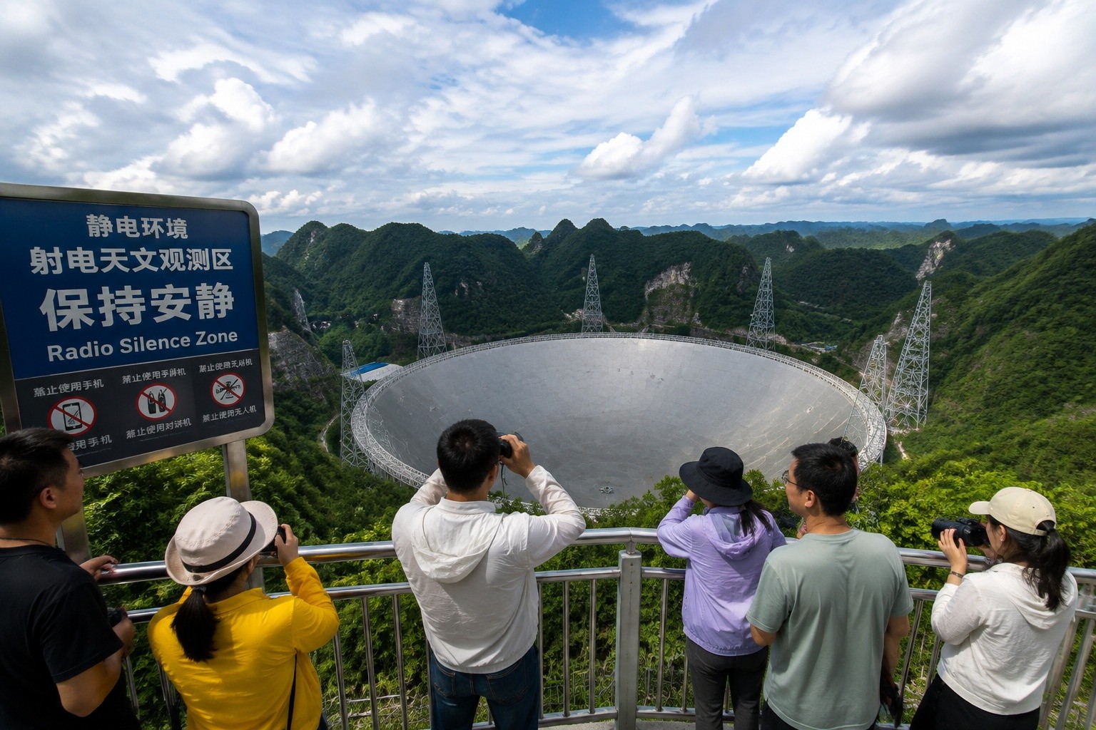 Tourists on the viewing platform overlooking the FAST radio telescope in Guizhou, China