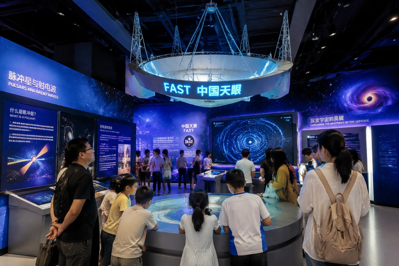Families exploring the China Sky Eye science museum in Guizhou, learning about pulsars and the FAST telescope