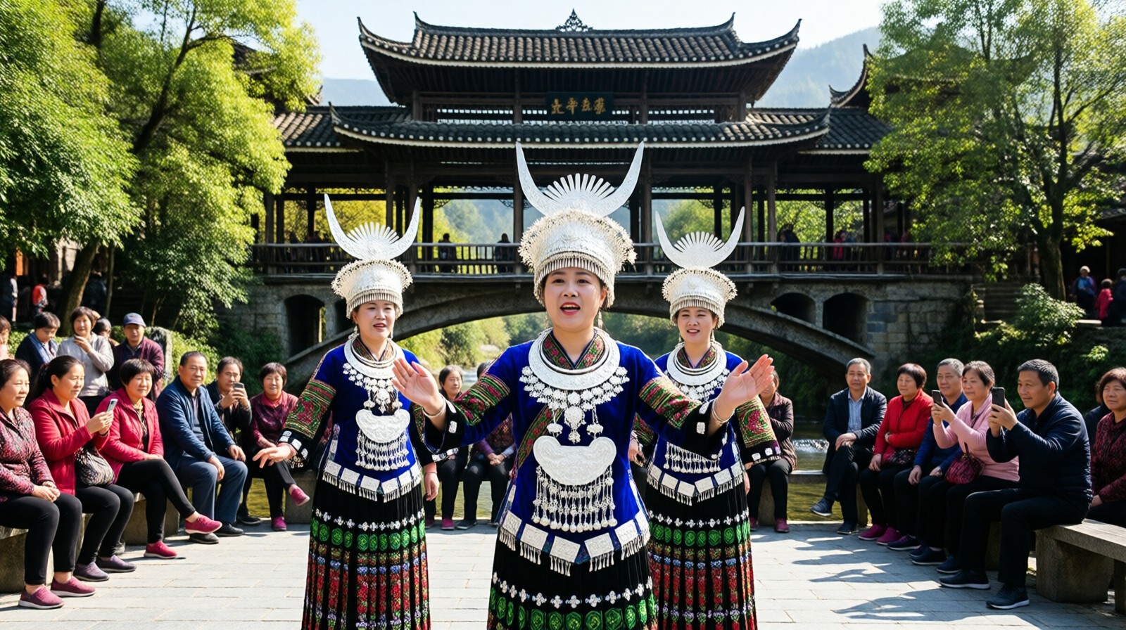 Dong women performing traditional songs in front of a covered bridge in Dali Dong Village