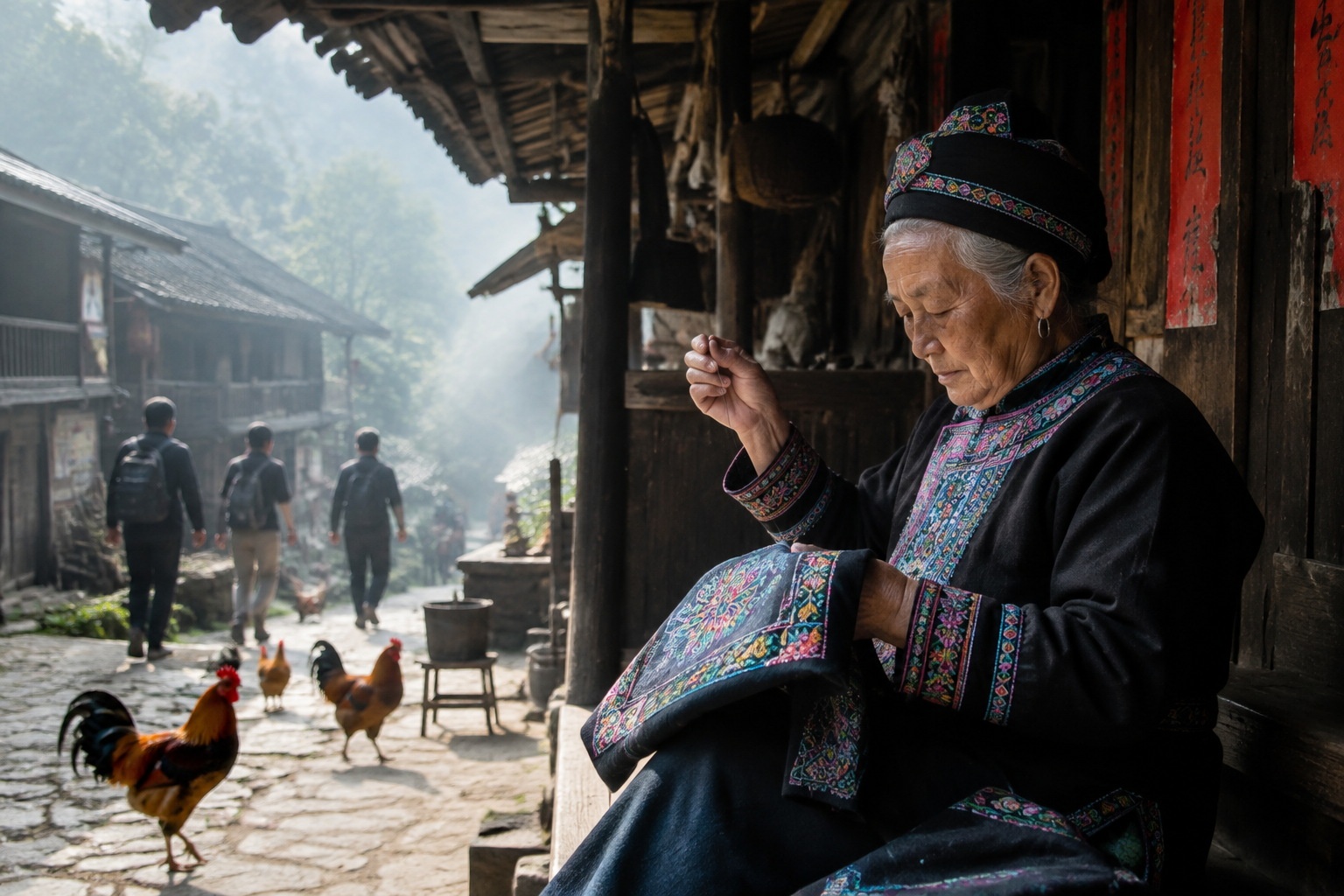 Elderly Dong woman embroidering on a wooden porch in Dali Dong Village, Guizhou, China