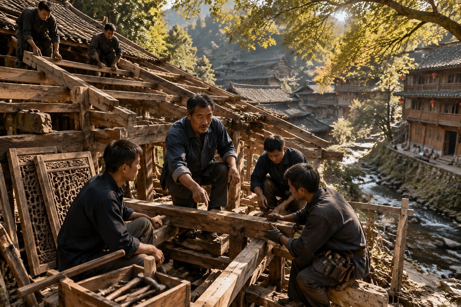 Carpenters restoring a traditional wooden house in Dali Dong Village, Guizhou