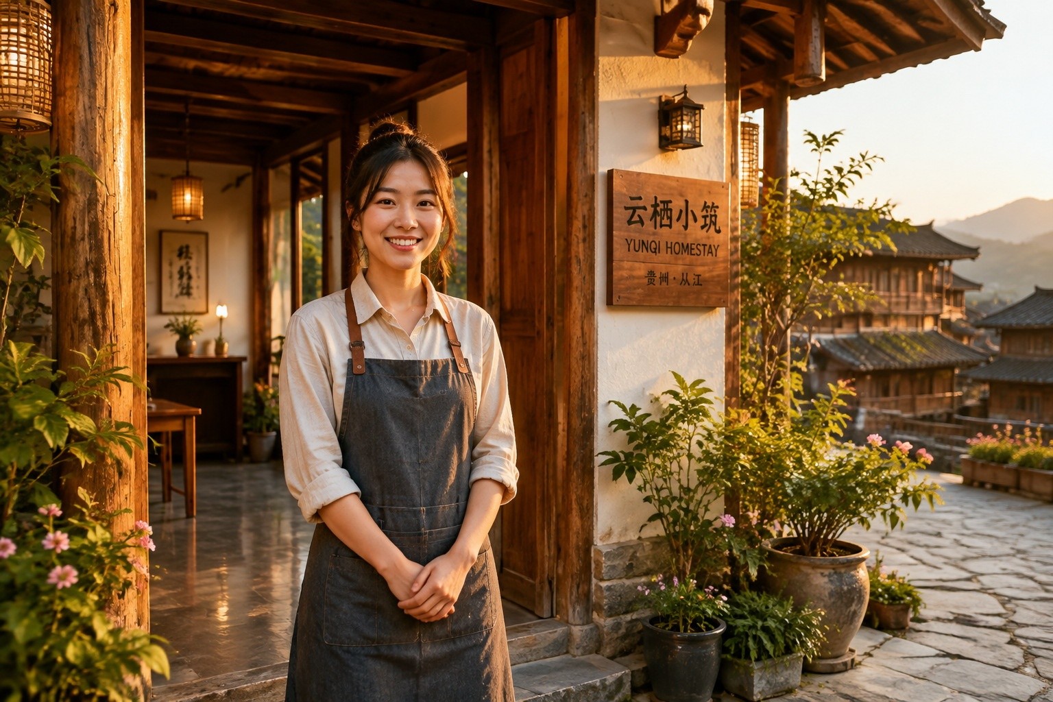 Returned villager Xiaoyu standing at her guesthouse in Dali Dong Village, Guizhou