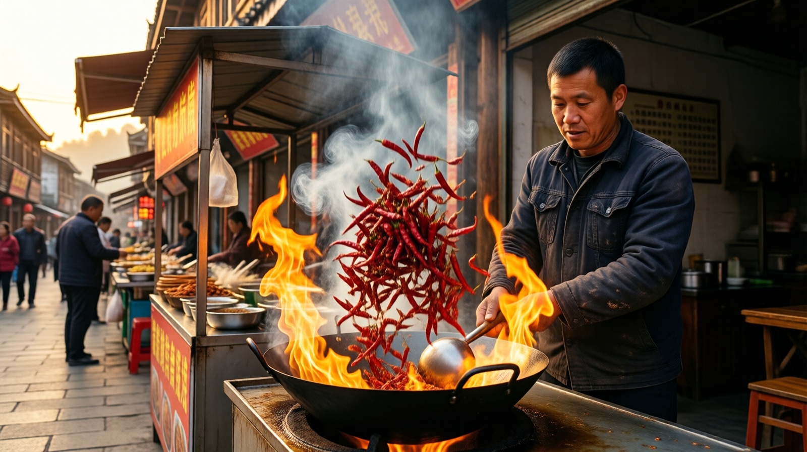 Guizhou street vendor stir-frying dried red chilies in a wok at a busy food stall