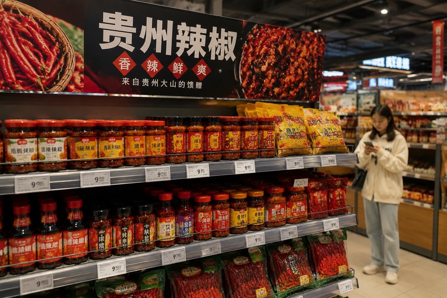 Supermarket shelf stocked with various Guizhou chili products and fermented chili sauces