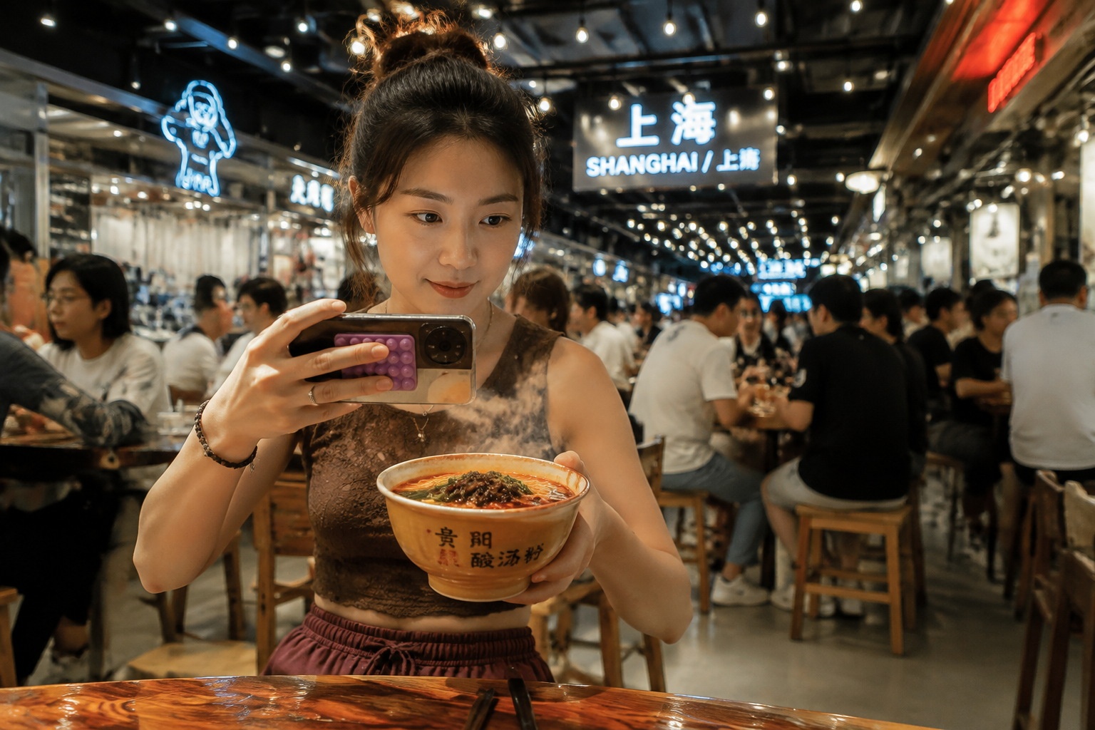 Young woman photographing a bowl of Guizhou sour-spicy noodles at a food hall in Shanghai