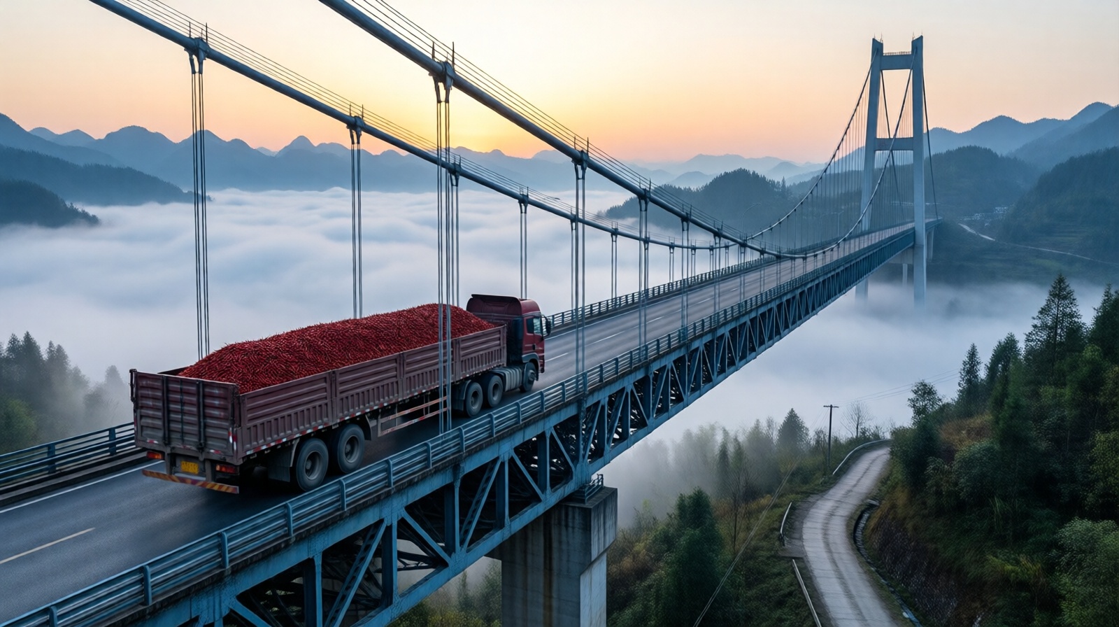 A truck loaded with chilli peppers crossing the Beipan River Bridge in Guizhou at sunrise, with the deep canyon below filled with fog.