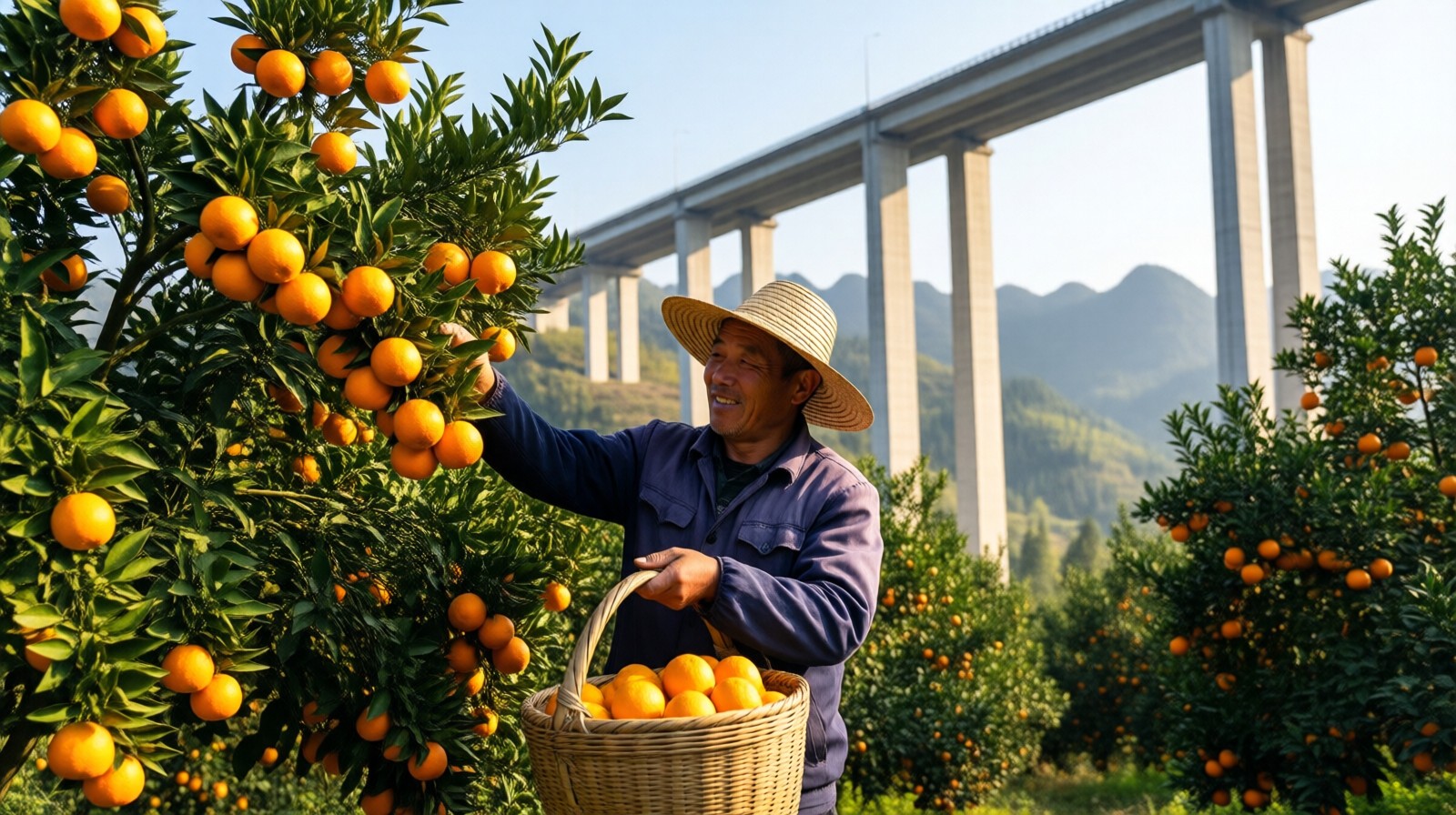An orange farmer in Pingtang, Guizhou, picking fruit with the massive Pingtang Bridge visible in the background.