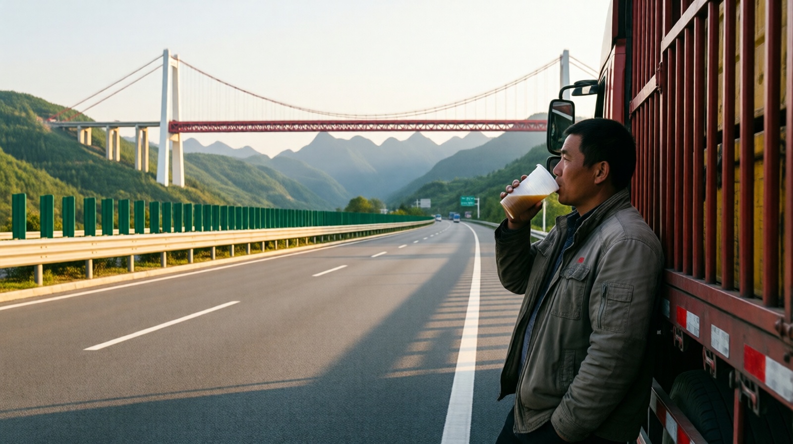 A truck driver taking a break at a highway rest area with a large bridge visible across the valley in Guizhou.