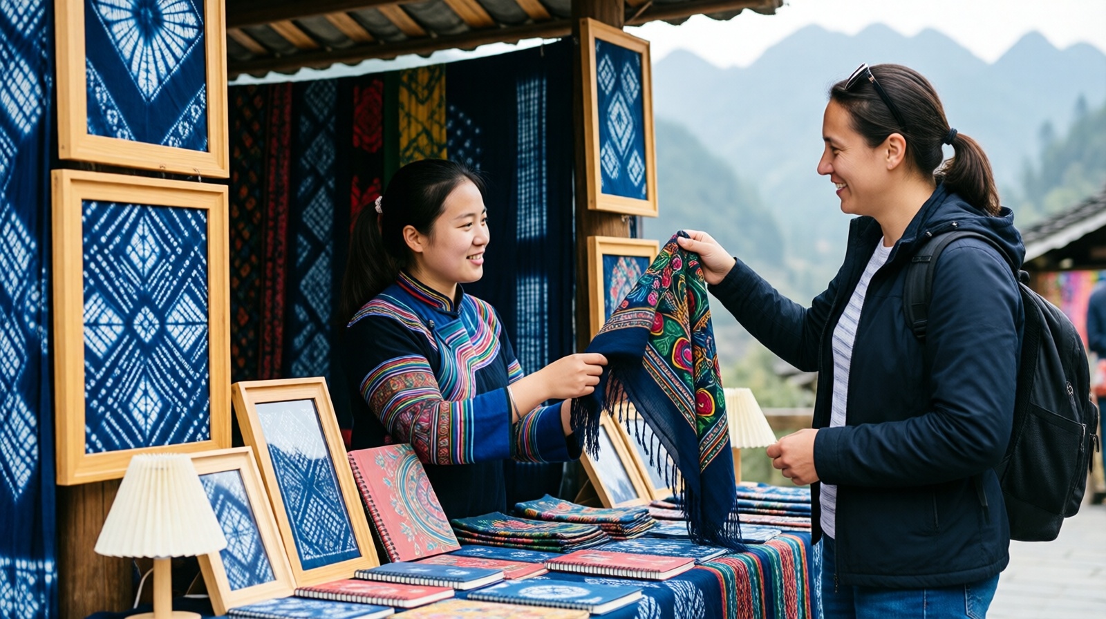 Foreign visitor examining a hand-painted batik scarf at a craft market in Guizhou, China