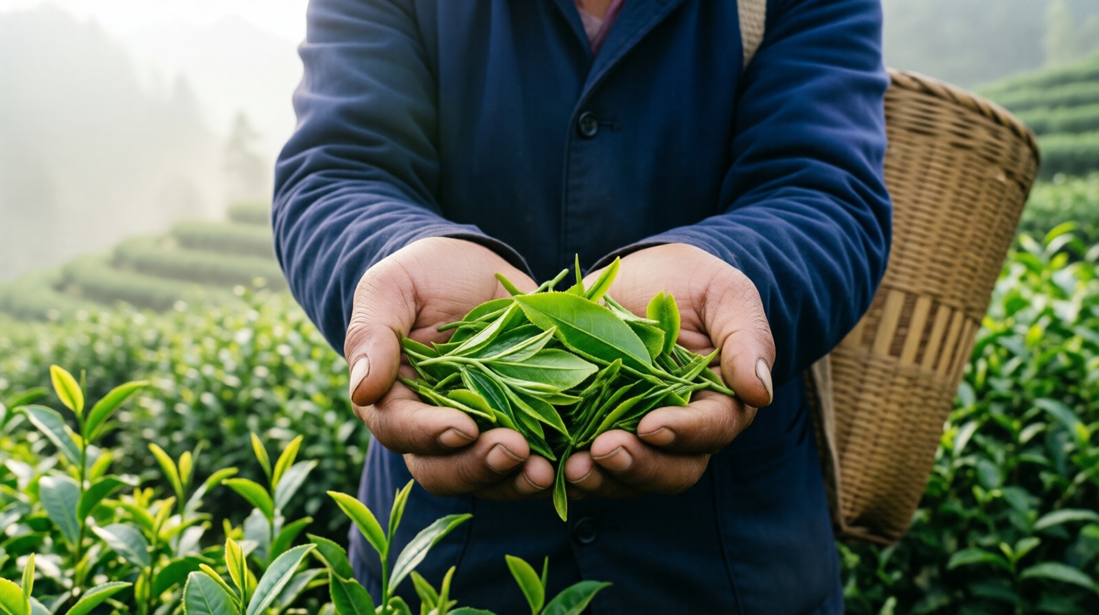 Tea farmer in Guizhou holding fresh tea leaves, showing the clean and tender harvest