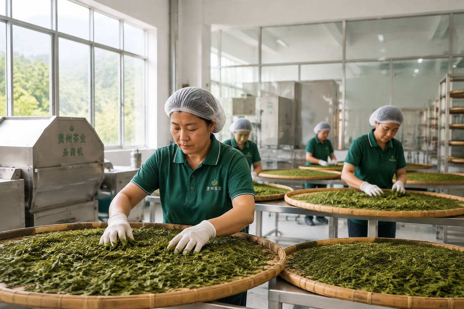 Clean tea processing in Guizhou: workers on a bamboo tray under hygienic conditions