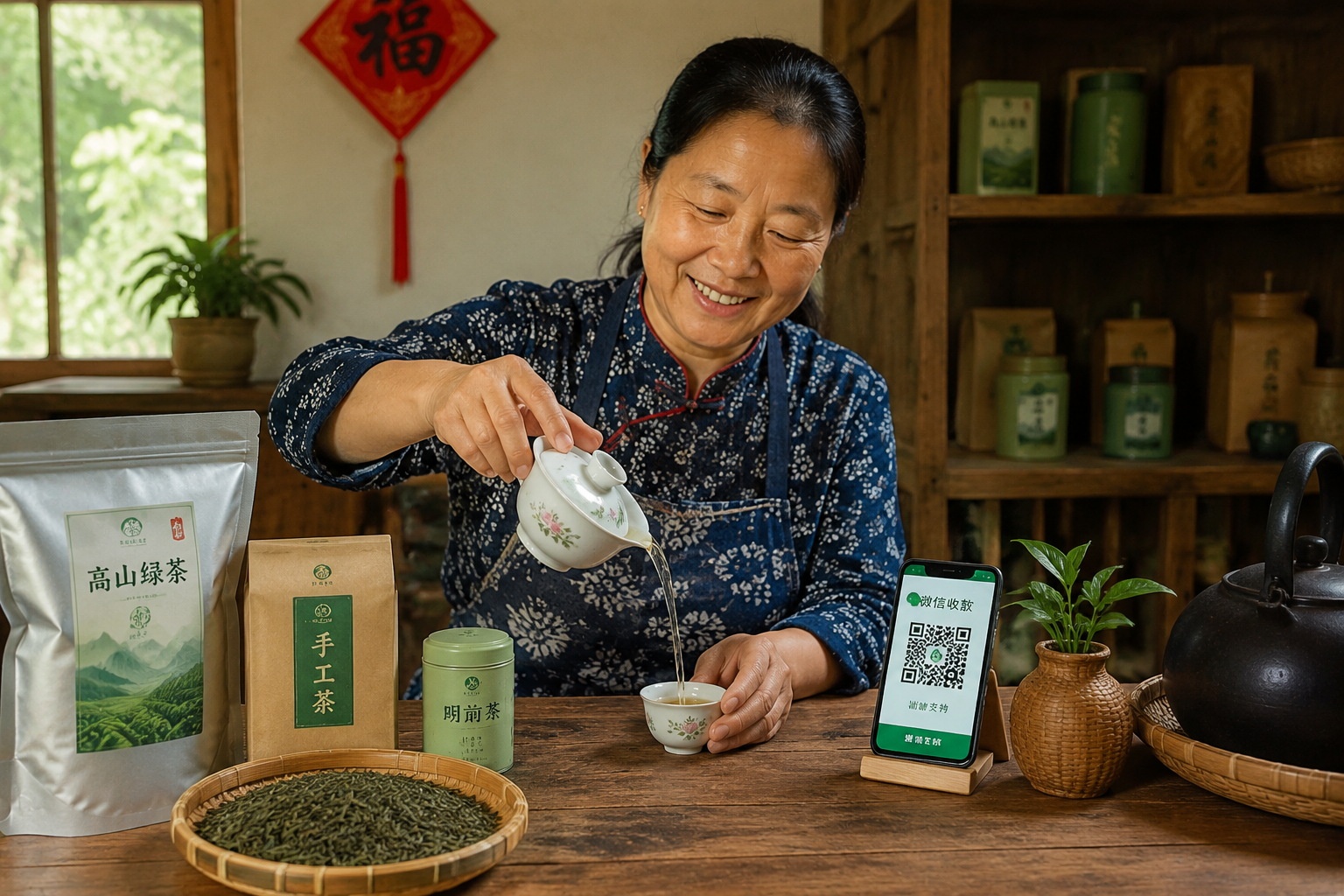 Tea farmer enjoying a cup of Guizhou tea while showing the traceability QR code